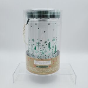 Yankee Candle Luminary Tea Light Holder Balsam & Cedar Green & White Winter New